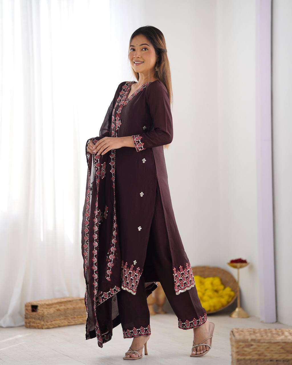 Women's Chinnon Silk Embroidery Sequence Work and Lace Work Straight Kurti With Pant and Dupatta - Image 10