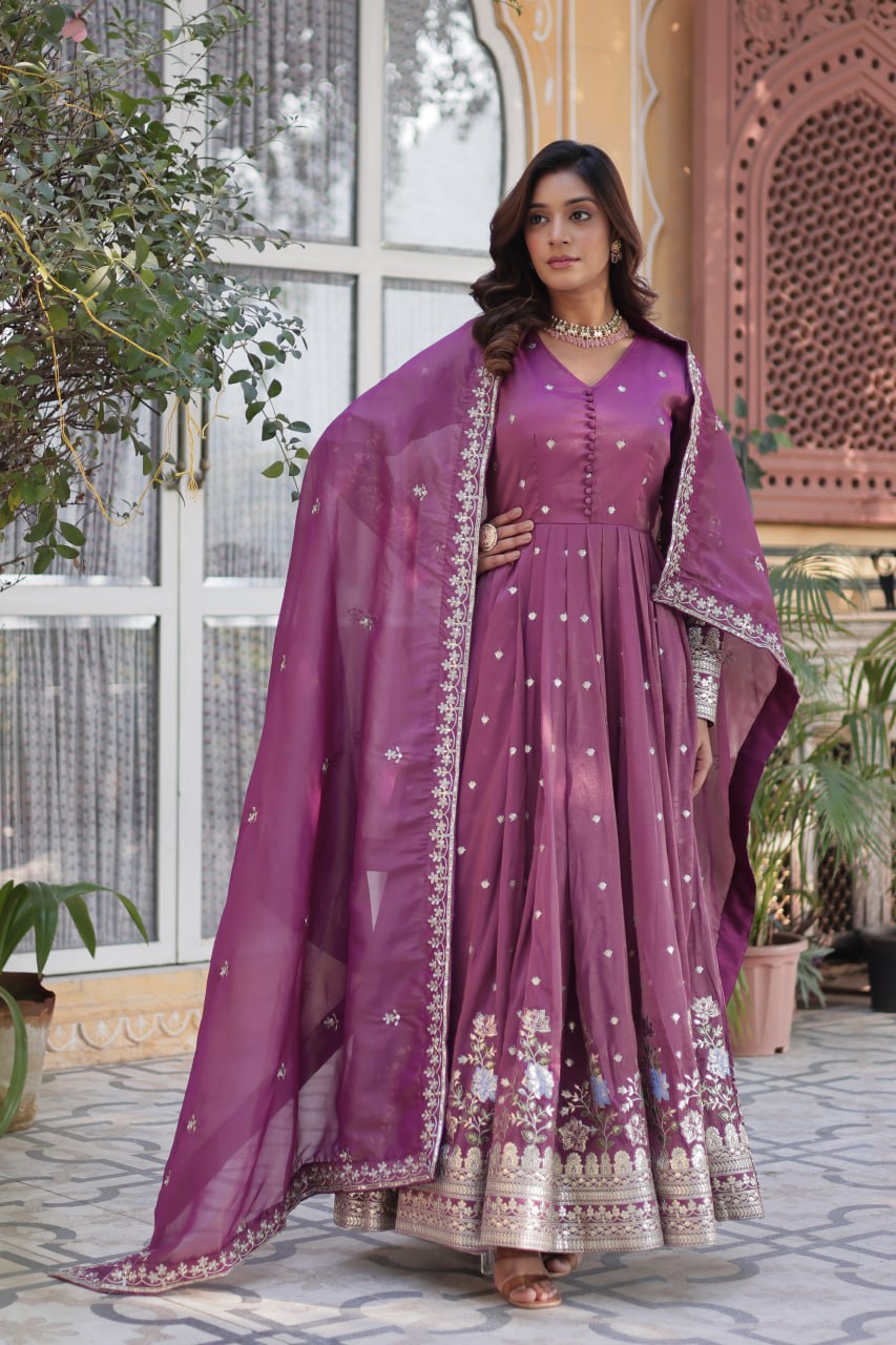 Women's Festive Rust Red Anarkali Gown with Intricate Silver Zari & Sequin Embroidery – Complete with Embroidered Dupatta - Image 5