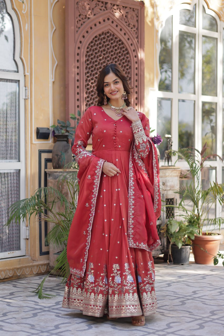 Women's Festive Rust Red Anarkali Gown with Intricate Silver Zari & Sequin Embroidery – Complete with Embroidered Dupatta - Image 3