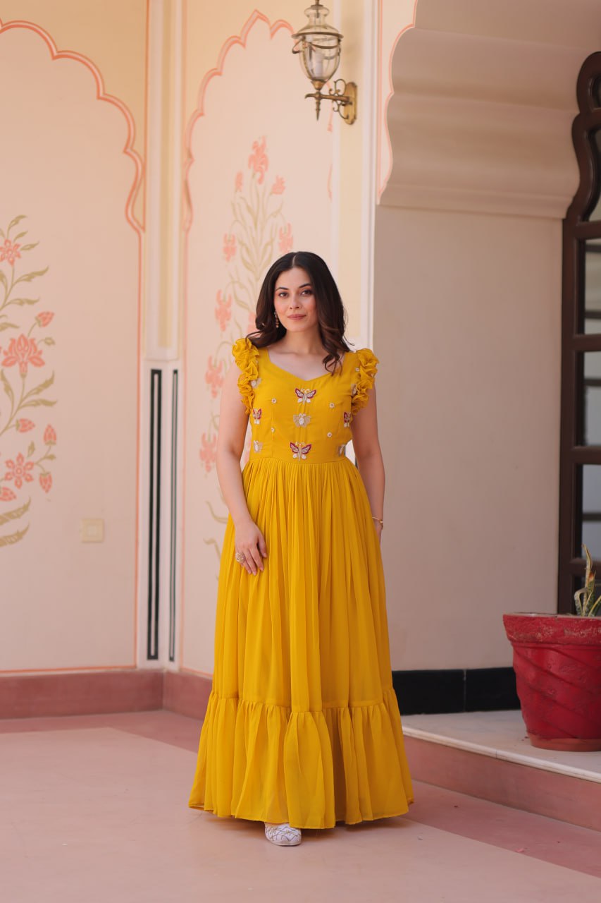 Women's Elegant Plum Purple Georgette Anarkali Gown with Butterfly Applique & Ruffle Sleeves – Festive & Special Occasion Wear - Image 6